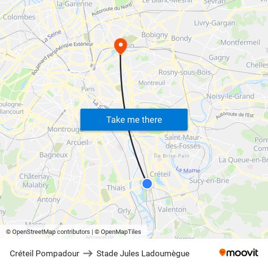 Créteil Pompadour to Stade Jules Ladoumègue map