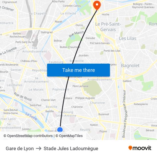 Gare de Lyon to Stade Jules Ladoumègue map