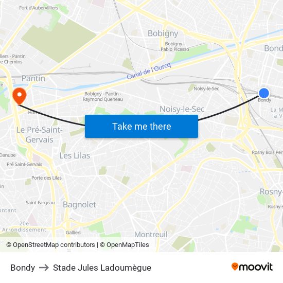 Bondy to Stade Jules Ladoumègue map