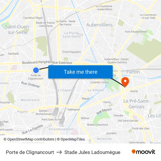 Porte de Clignancourt to Stade Jules Ladoumègue map