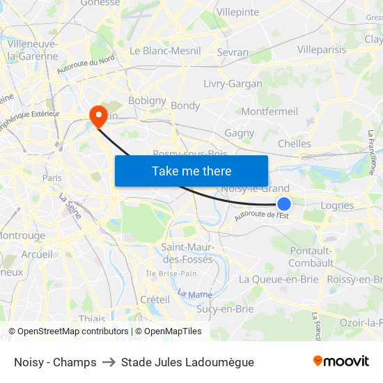 Noisy - Champs to Stade Jules Ladoumègue map