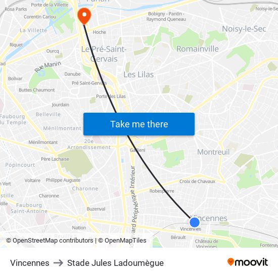Vincennes to Stade Jules Ladoumègue map