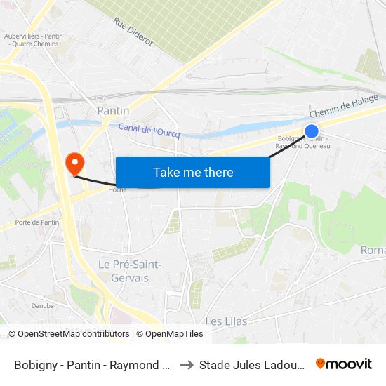 Bobigny - Pantin - Raymond Queneau to Stade Jules Ladoumègue map