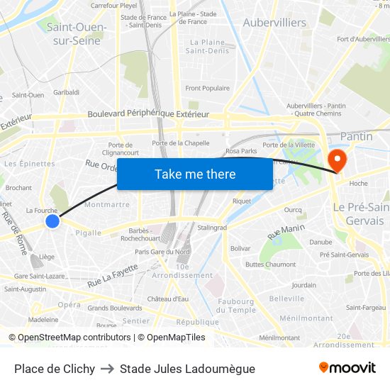 Place de Clichy to Stade Jules Ladoumègue map