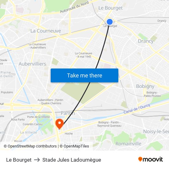 Le Bourget to Stade Jules Ladoumègue map