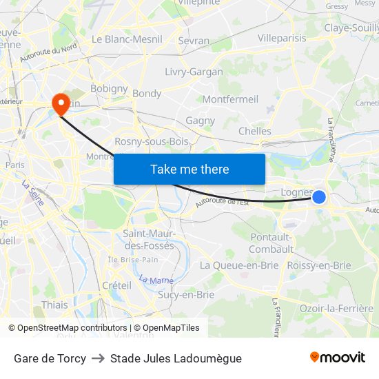 Gare de Torcy to Stade Jules Ladoumègue map