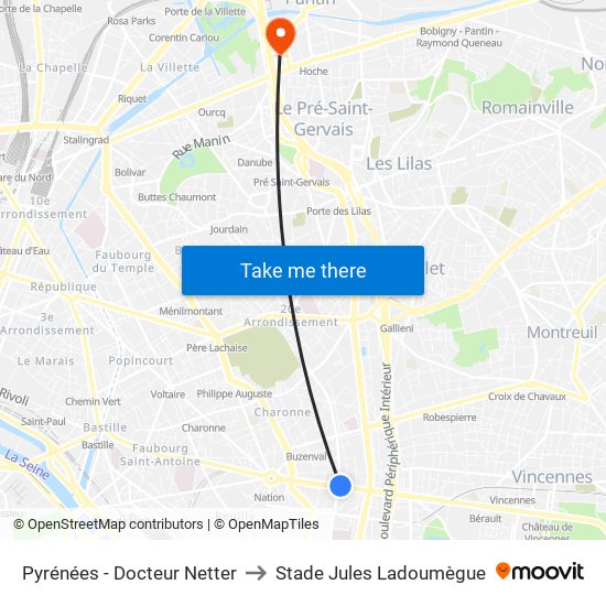 Pyrénées - Docteur Netter to Stade Jules Ladoumègue map