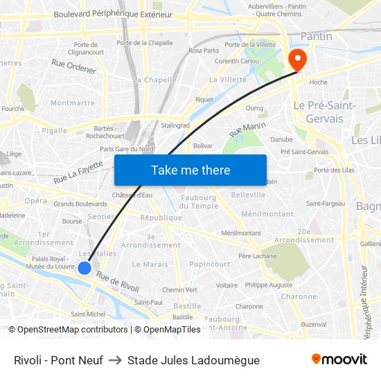 Rivoli - Pont Neuf to Stade Jules Ladoumègue map