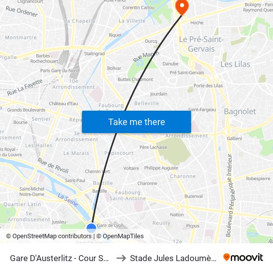 Gare D'Austerlitz - Cour Seine to Stade Jules Ladoumègue map