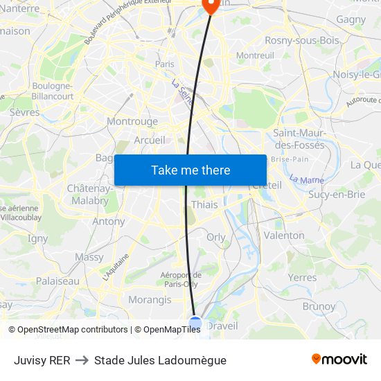 Juvisy RER to Stade Jules Ladoumègue map