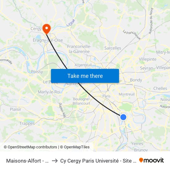 Maisons-Alfort - Alfortville to Cy Cergy Paris Université - Site de Saint Martin map