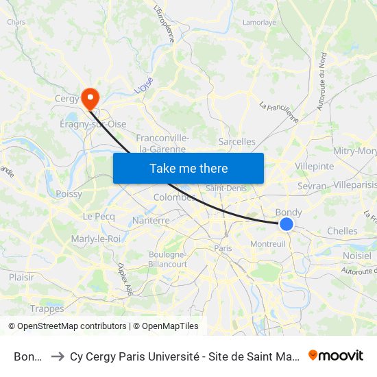 Bondy to Cy Cergy Paris Université - Site de Saint Martin map