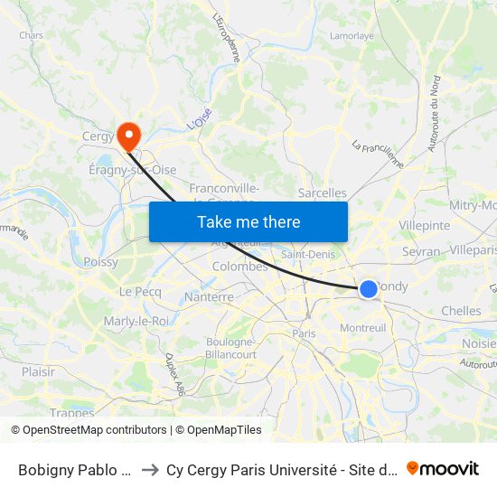 Bobigny Pablo Picasso to Cy Cergy Paris Université - Site de Saint Martin map