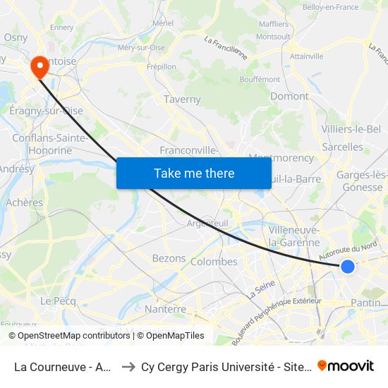 La Courneuve - Aubervilliers to Cy Cergy Paris Université - Site de Saint Martin map
