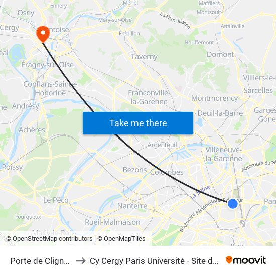 Porte de Clignancourt to Cy Cergy Paris Université - Site de Saint Martin map