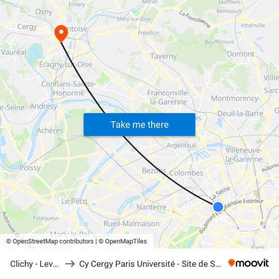 Clichy - Levallois to Cy Cergy Paris Université - Site de Saint Martin map
