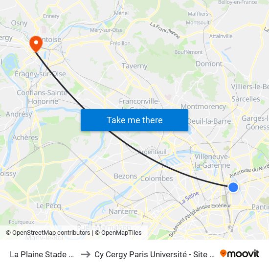 La Plaine Stade de France to Cy Cergy Paris Université - Site de Saint Martin map