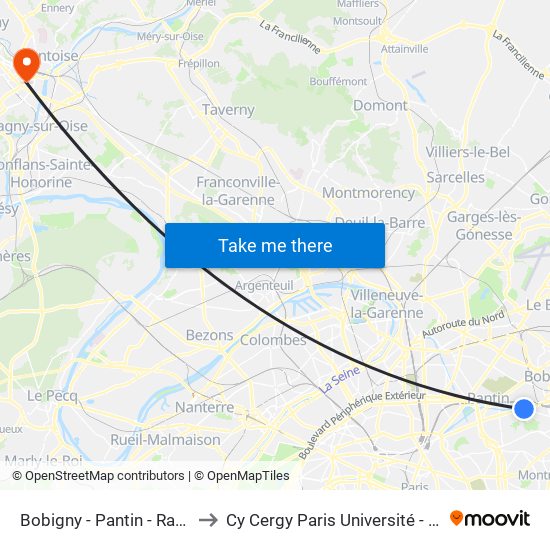 Bobigny - Pantin - Raymond Queneau to Cy Cergy Paris Université - Site de Saint Martin map