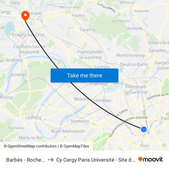 Barbès - Rochechouart to Cy Cergy Paris Université - Site de Saint Martin map