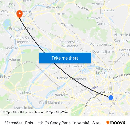 Marcadet - Poissonniers to Cy Cergy Paris Université - Site de Saint Martin map