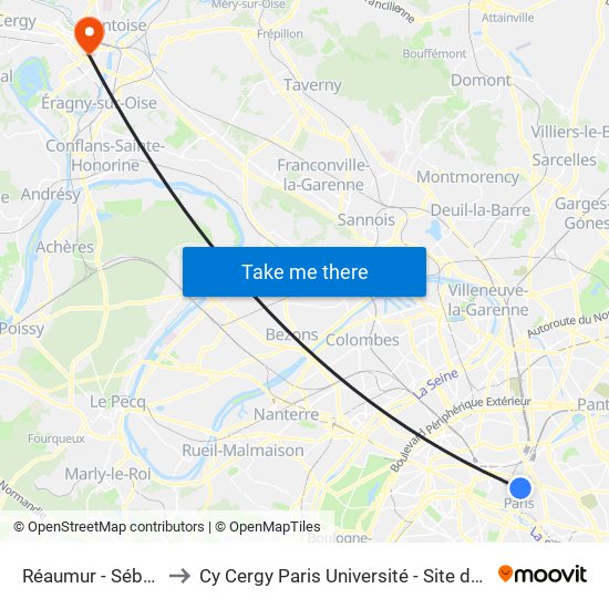 Réaumur - Sébastopol to Cy Cergy Paris Université - Site de Saint Martin map