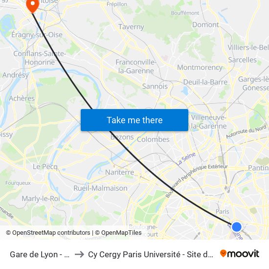 Gare de Lyon - Diderot to Cy Cergy Paris Université - Site de Saint Martin map