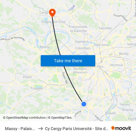 Massy - Palaiseau RER to Cy Cergy Paris Université - Site de Saint Martin map
