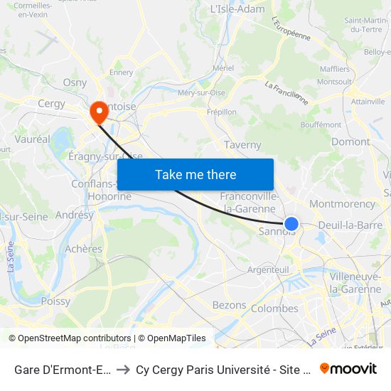 Gare D'Ermont-Eaubonne to Cy Cergy Paris Université - Site de Saint Martin map