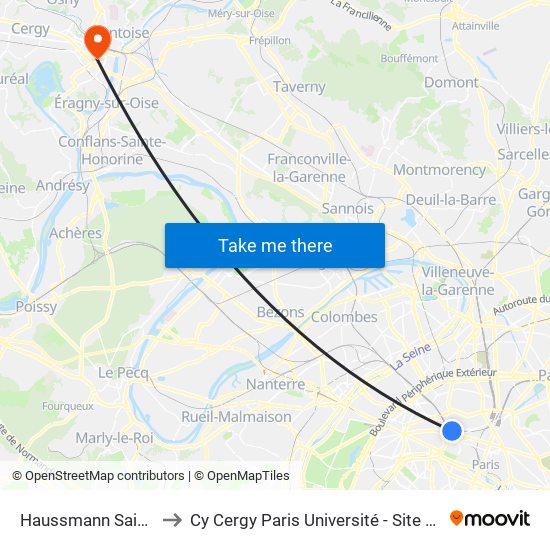 Haussmann Saint-Lazare to Cy Cergy Paris Université - Site de Saint Martin map