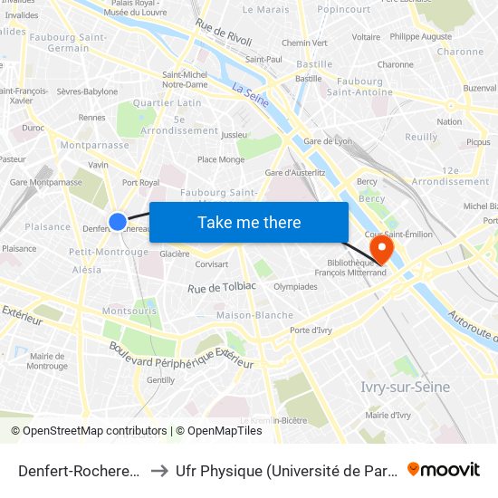 Denfert-Rochereau to Ufr Physique (Université de Paris) map