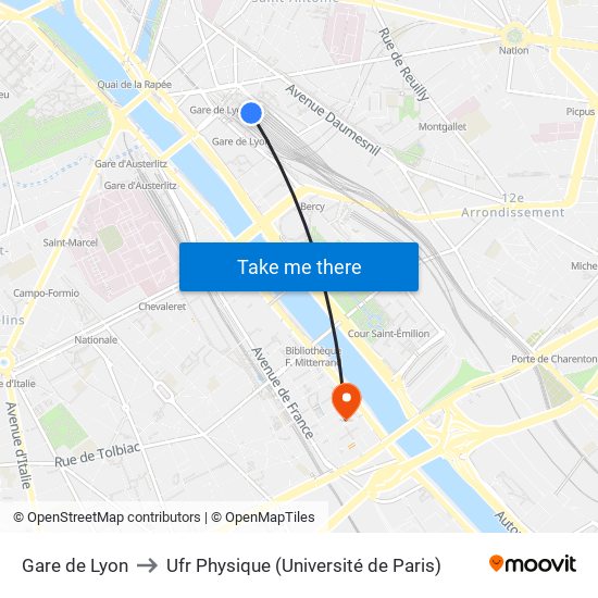 Gare de Lyon to Ufr Physique (Université de Paris) map