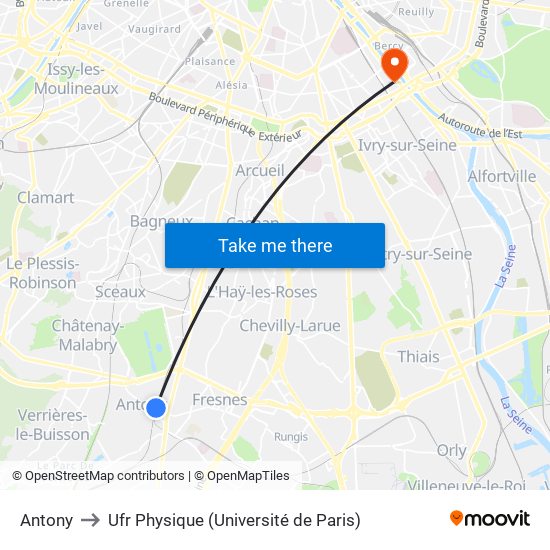 Antony to Ufr Physique (Université de Paris) map
