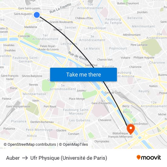Auber to Ufr Physique (Université de Paris) map