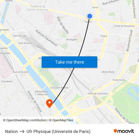 Nation to Ufr Physique (Université de Paris) map