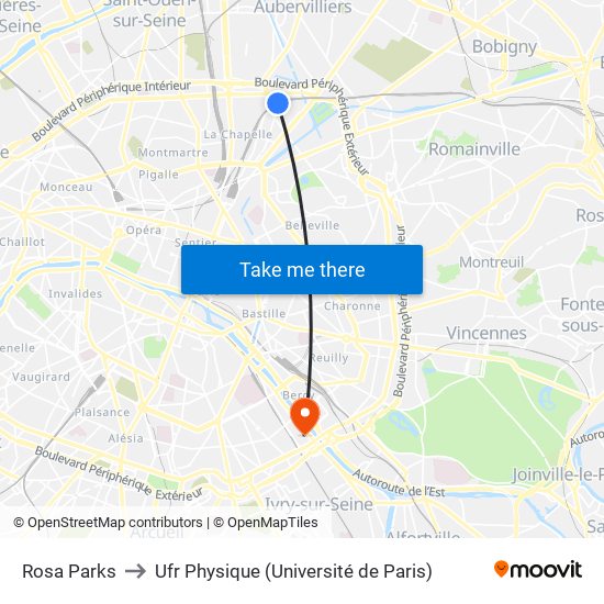 Rosa Parks to Ufr Physique (Université de Paris) map