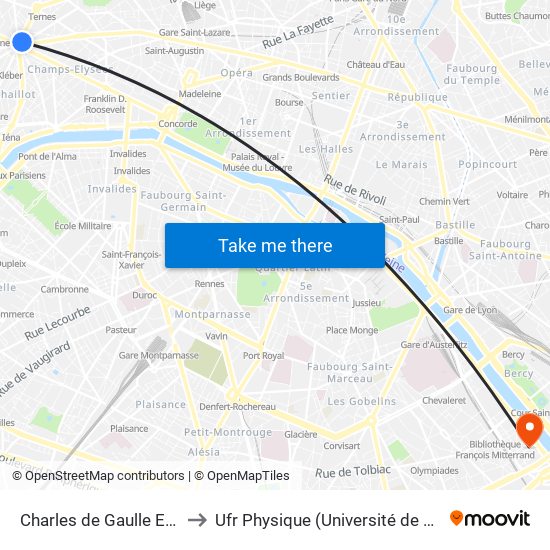 Charles de Gaulle Etoile to Ufr Physique (Université de Paris) map
