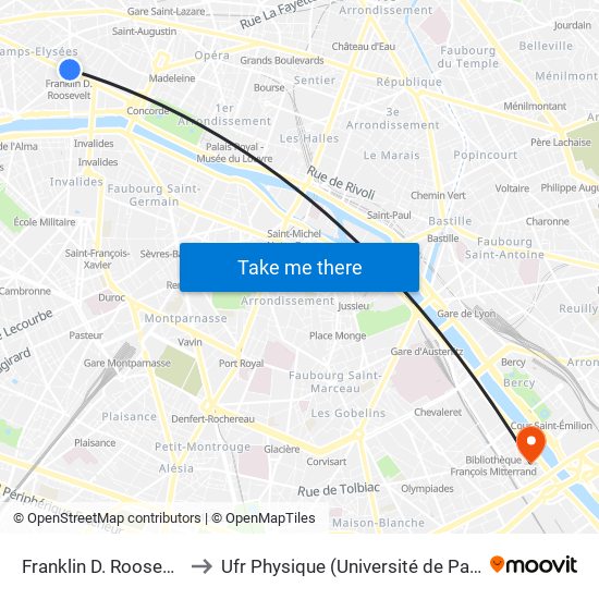 Franklin D. Roosevelt to Ufr Physique (Université de Paris) map