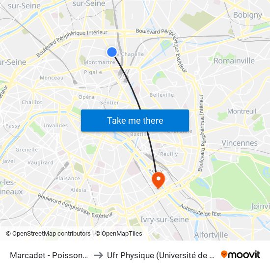 Marcadet - Poissonniers to Ufr Physique (Université de Paris) map