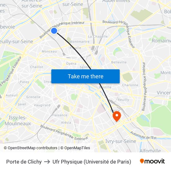 Porte de Clichy to Ufr Physique (Université de Paris) map