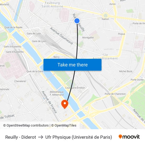 Reuilly - Diderot to Ufr Physique (Université de Paris) map