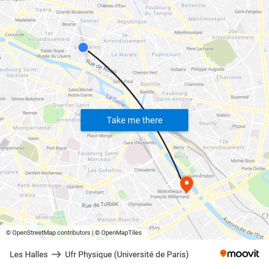 Les Halles to Ufr Physique (Université de Paris) map