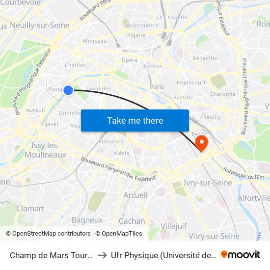 Champ de Mars Tour Eiffel to Ufr Physique (Université de Paris) map