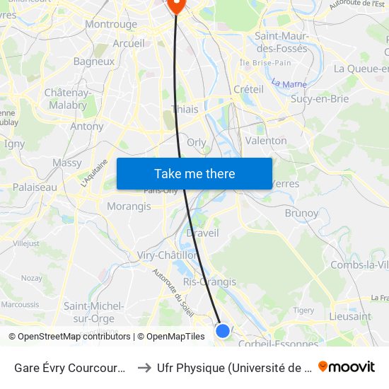 Gare Évry Courcouronnes to Ufr Physique (Université de Paris) map