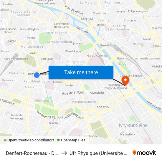 Denfert-Rochereau - Daguerre to Ufr Physique (Université de Paris) map