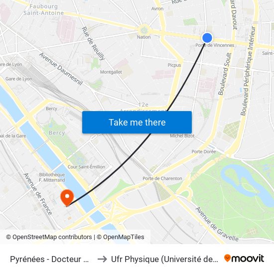 Pyrénées - Docteur Netter to Ufr Physique (Université de Paris) map