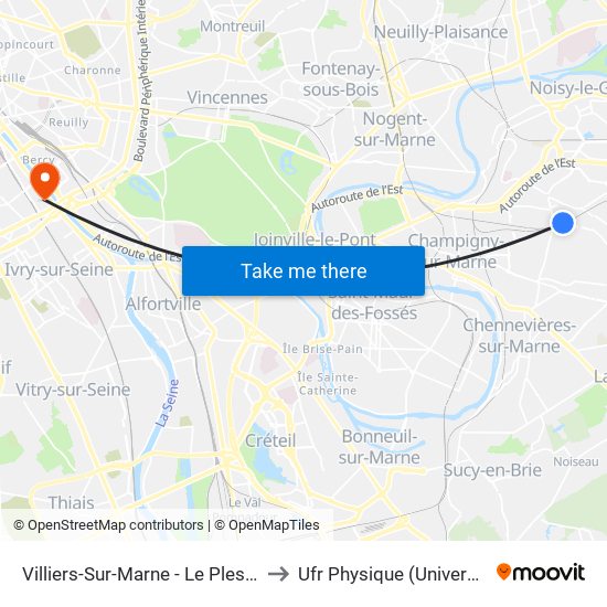Villiers-Sur-Marne - Le Plessis-Trévise RER to Ufr Physique (Université de Paris) map
