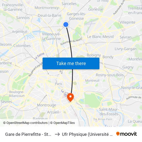 Gare de Pierrefitte - Stains RER to Ufr Physique (Université de Paris) map