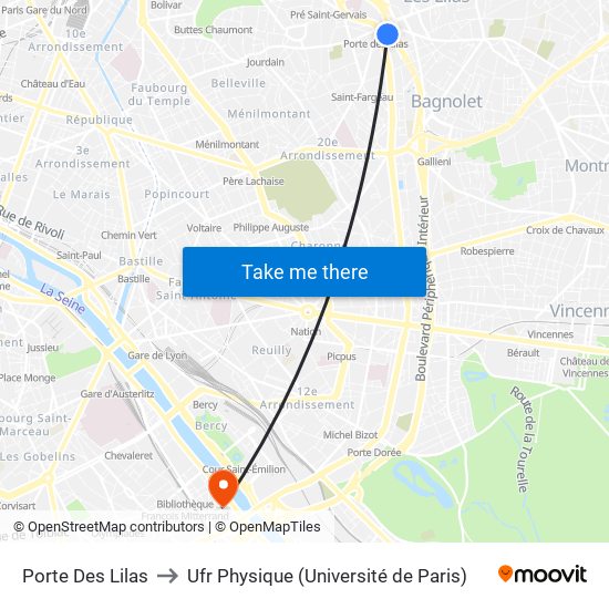 Porte Des Lilas to Ufr Physique (Université de Paris) map