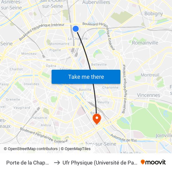 Porte de la Chapelle to Ufr Physique (Université de Paris) map