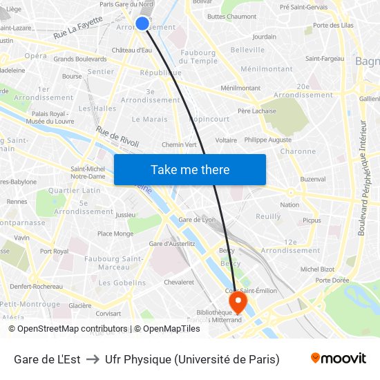 Gare de L'Est to Ufr Physique (Université de Paris) map